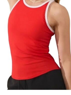 NWOT Athleta Red Ribbed Tank with White Trim Accents, Small